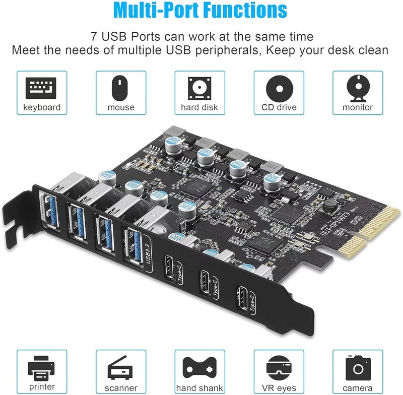 FANBLACK بطاقة PCIe إلى USB 3.2 Gen 2 مع عرض نطاق 20 جيجابت في الثانية و 7 منافذ USB (4 منفذ USB Type-A و 3 منفذ Type-C)، بطاقة توسيع PCI Express (PCIe) لجهاز الكمبيوتر المكتبي - Image 4